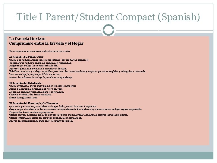 Title I Parent/Student Compact (Spanish) La Escuela Horizon Compromiso entre la Escuela y el