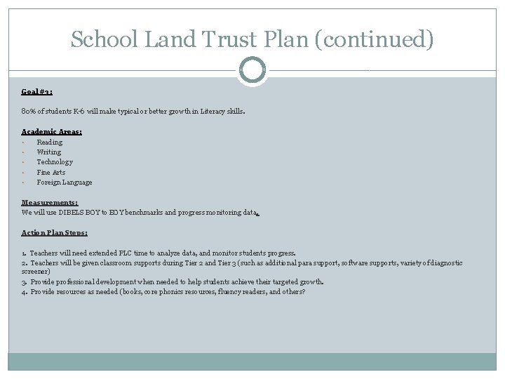 School Land Trust Plan (continued) Goal #3: 80% of students K-6 will make typical