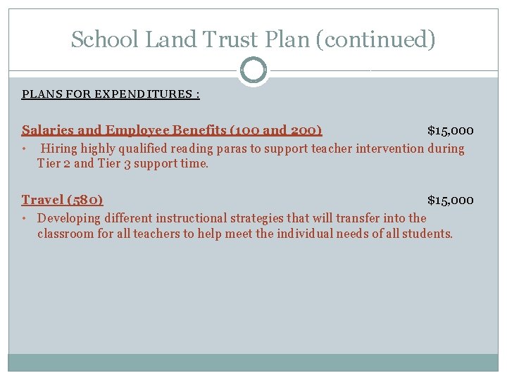 School Land Trust Plan (continued) PLANS FOR EXPENDITURES : Salaries and Employee Benefits (100