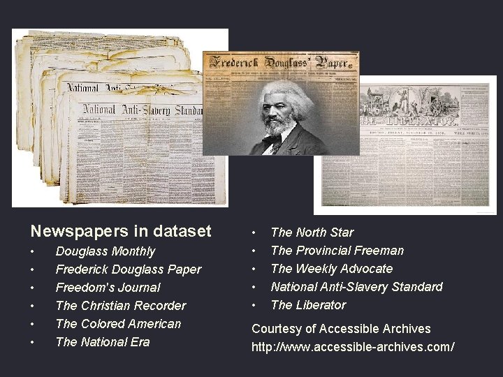 Newspapers in dataset • • • Douglass Monthly Frederick Douglass Paper Freedom's Journal The