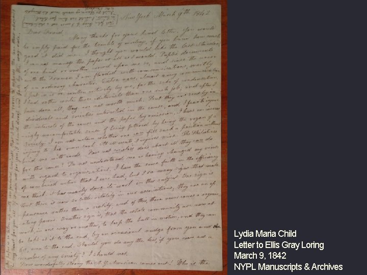 Lydia Maria Child Letter to Ellis Gray Loring March 9, 1842 NYPL Manuscripts &