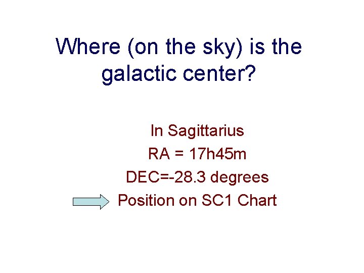 Where (on the sky) is the galactic center? In Sagittarius RA = 17 h Where (on the sky) is the galactic center? In Sagittarius RA = 17 h