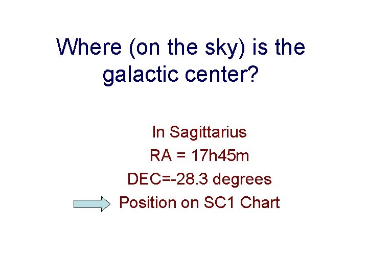 Where (on the sky) is the galactic center? In Sagittarius RA = 17 h