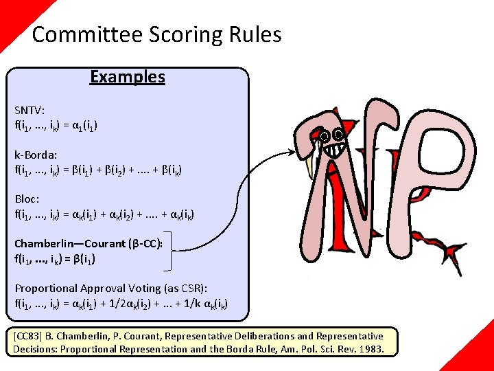 Committee Scoring Rules Examples SNTV: f(i 1, . . . , ik) = α