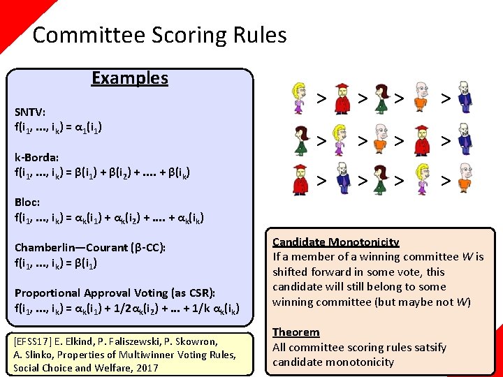 Committee Scoring Rules Examples SNTV: f(i 1, . . . , ik) = α