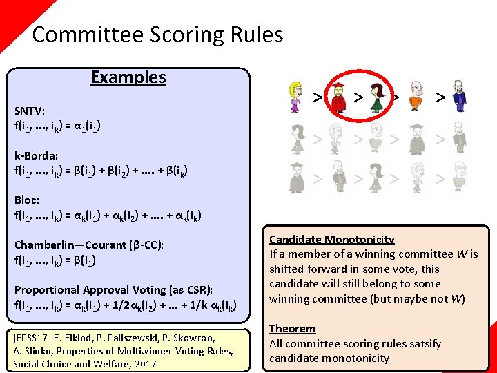 Committee Scoring Rules Examples SNTV: f(i 1, . . . , ik) = α