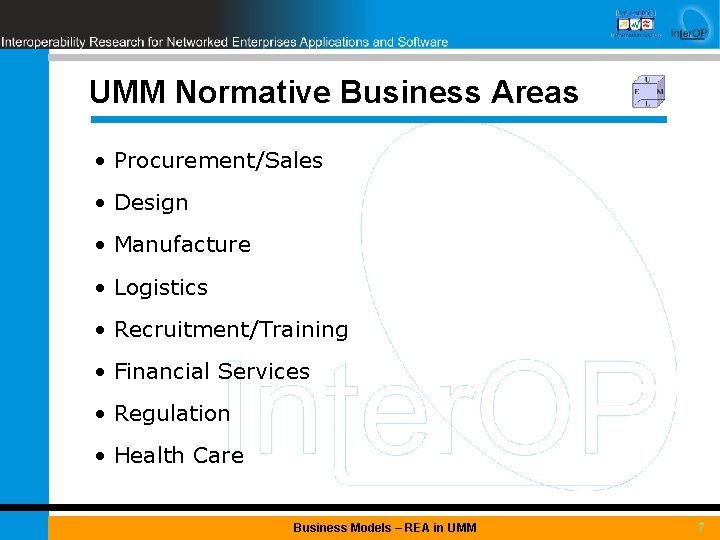 UMM Normative Business Areas • Procurement/Sales • Design • Manufacture • Logistics • Recruitment/Training