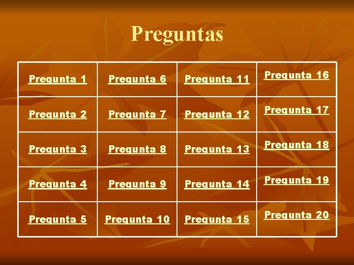 Preguntas Pregunta 1 Pregunta 6 Pregunta 11 Pregunta 16 Pregunta 2 Pregunta 7 Pregunta Preguntas Pregunta 1 Pregunta 6 Pregunta 11 Pregunta 16 Pregunta 2 Pregunta 7 Pregunta