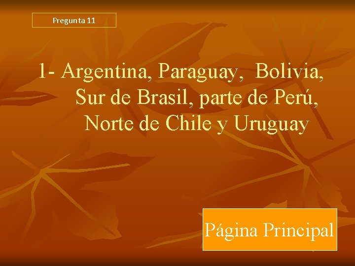 Pregunta 11 1 - Argentina, Paraguay, Bolivia, Sur de Brasil, parte de Perú, Norte Pregunta 11 1 - Argentina, Paraguay, Bolivia, Sur de Brasil, parte de Perú, Norte