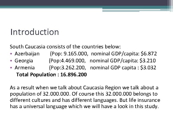 Introduction South Caucasia consists of the countries below: • Azerbaijan (Pop: 9. 165. 000,