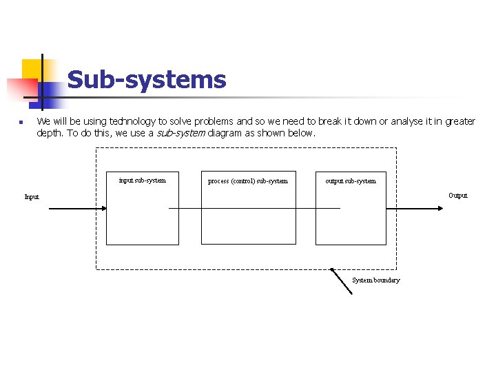 Sub-systems n We will be using technology to solve problems and so we need