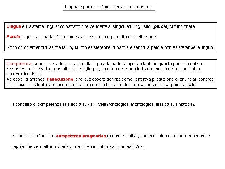 Lingua e parola - Competenza e esecuzione Lingua è il sistema linguistico astratto che