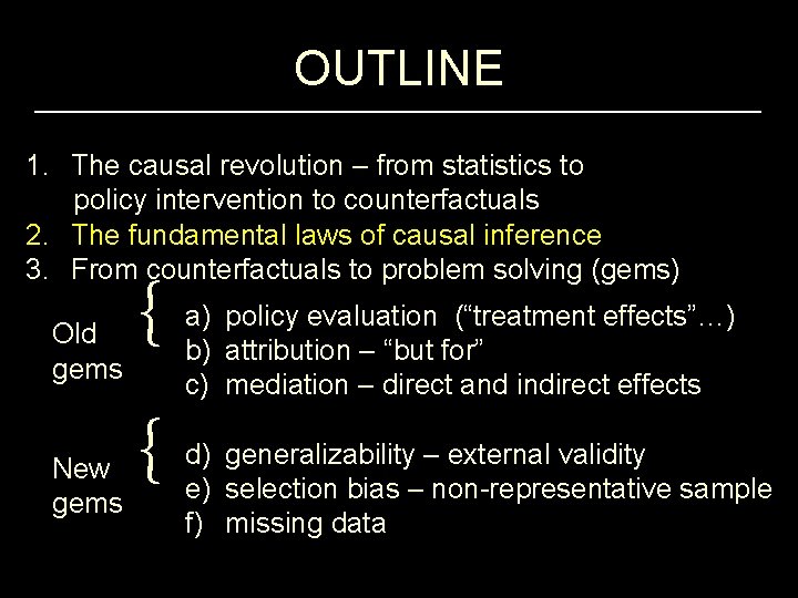 OUTLINE 1. The causal revolution – from statistics to policy intervention to counterfactuals 2.