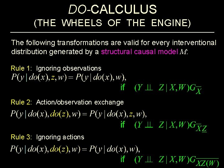 DO-CALCULUS (THE WHEELS OF THE ENGINE) The following transformations are valid for every interventional