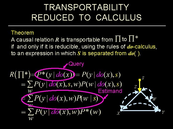 TRANSPORTABILITY REDUCED TO CALCULUS Theorem to A causal relation R is transportable from if