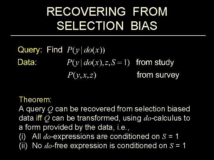 RECOVERING FROM SELECTION BIAS Theorem: A query Q can be recovered from selection biased