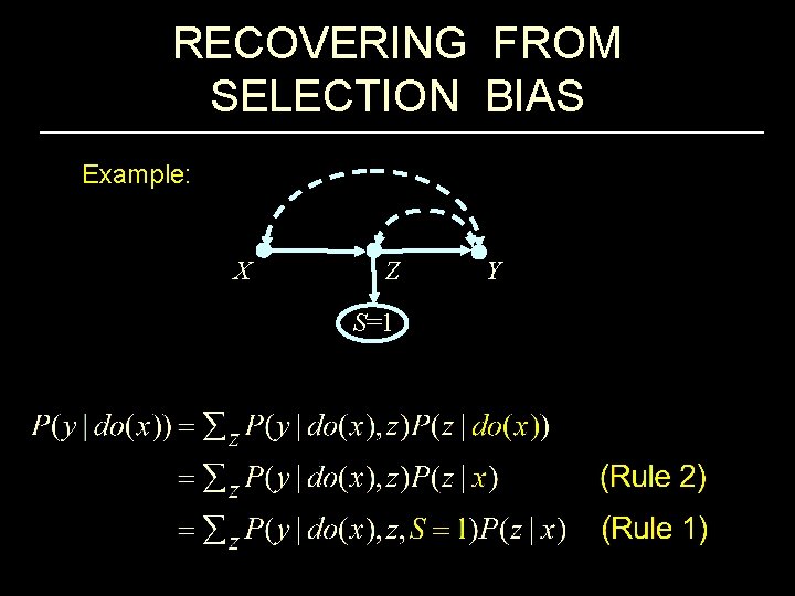 RECOVERING FROM SELECTION BIAS Example: X Z S=1 Y 