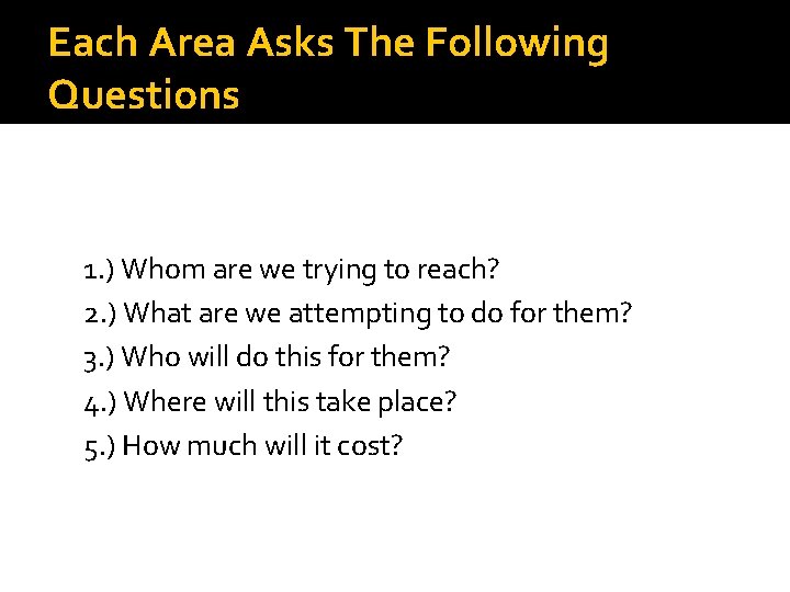 Each Area Asks The Following Questions 1. ) Whom are we trying to reach?