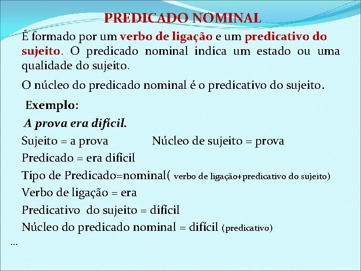 PREDICADO NOMINAL É formado por um verbo de ligação e um predicativo do sujeito.