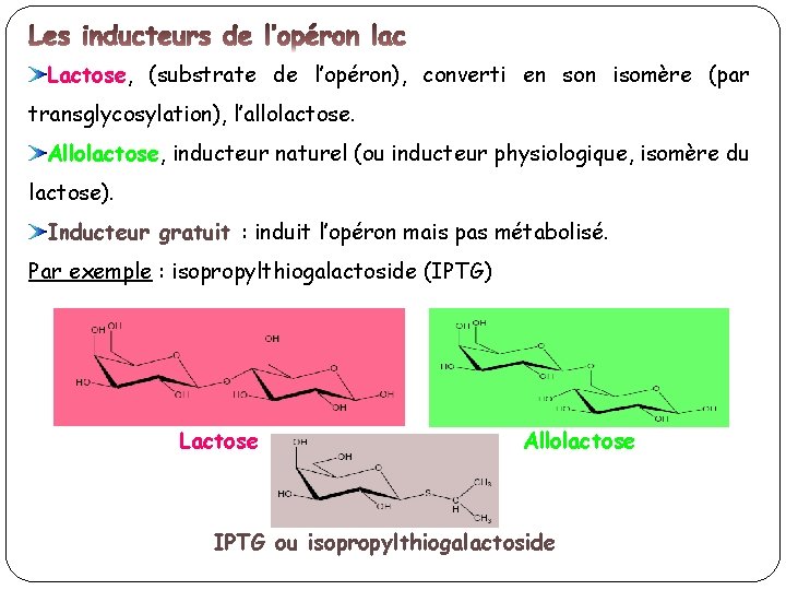 Lactose, (substrate de l’opéron), converti en son isomère (par transglycosylation), l’allolactose. Allolactose, inducteur naturel