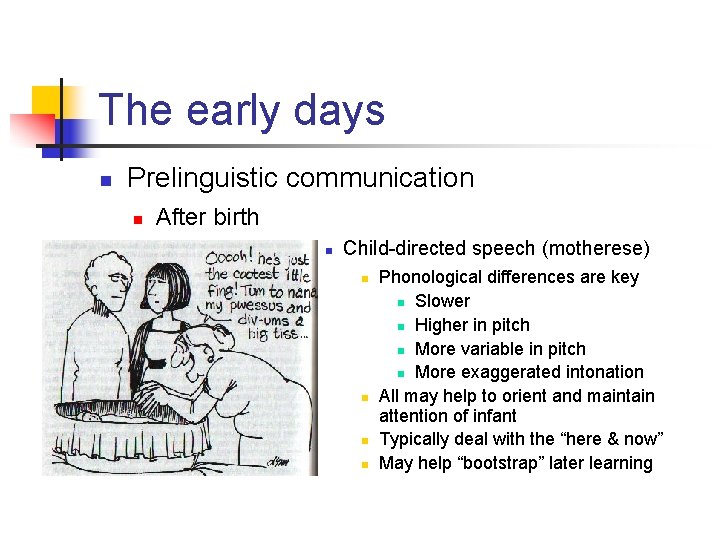 The early days n Prelinguistic communication n After birth n Child-directed speech (motherese) n