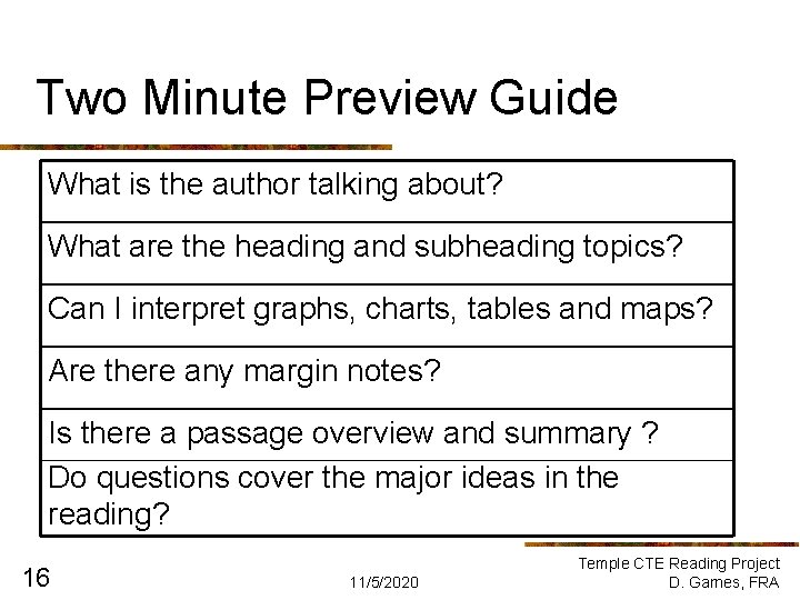 Two Minute Preview Guide What is the author talking about? What are the heading Two Minute Preview Guide What is the author talking about? What are the heading