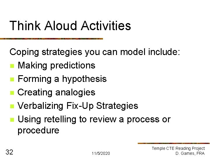 Think Aloud Activities Coping strategies you can model include: n Making predictions n Forming Think Aloud Activities Coping strategies you can model include: n Making predictions n Forming
