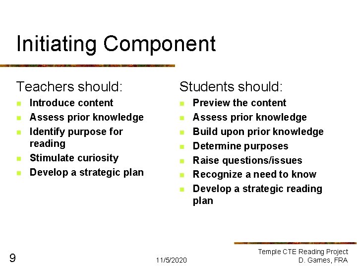 Initiating Component Teachers should: n n n Introduce content Assess prior knowledge Identify purpose Initiating Component Teachers should: n n n Introduce content Assess prior knowledge Identify purpose