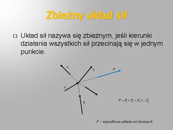 Zbieżny układ sił � Układ sił nazywa się zbieżnym, jeśli kierunki działania wszystkich sił