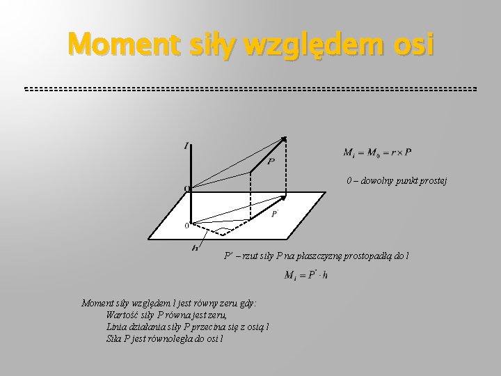 Moment siły względem osi 0 – dowolny punkt prostej P’ – rzut siły P