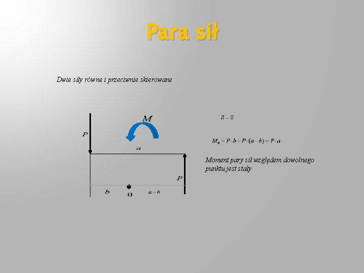 Para sił Dwie siły równe i przeciwnie skierowane Moment pary sił względem dowolnego punktu
