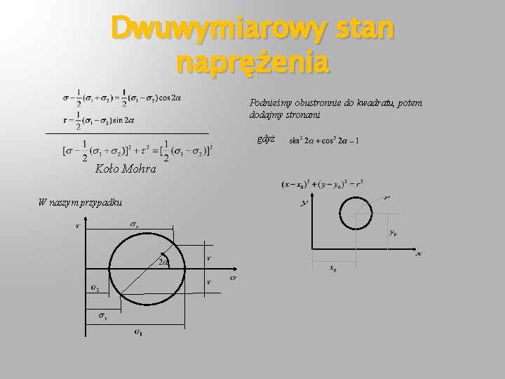 Dwuwymiarowy stan naprężenia Podnieśmy obustronnie do kwadratu, potem dodajmy stronami gdyż Koło Mohra W