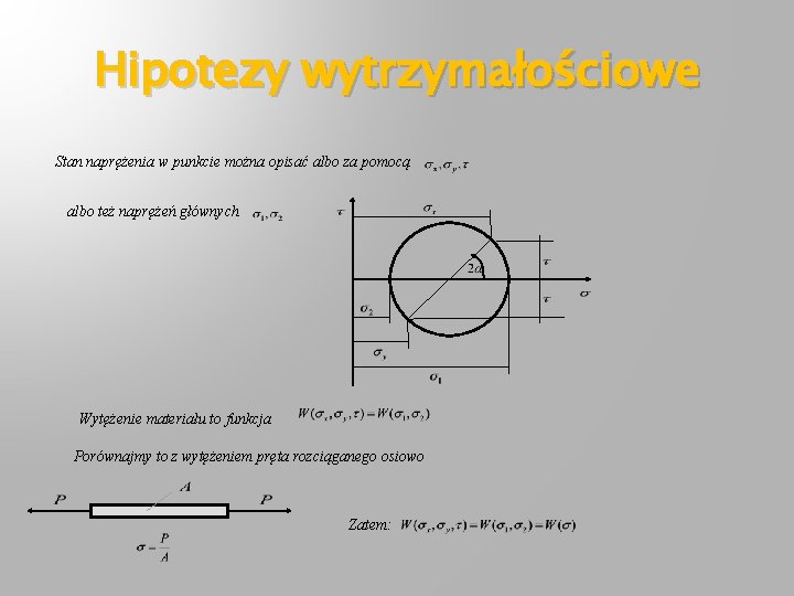 Hipotezy wytrzymałościowe Stan naprężenia w punkcie można opisać albo za pomocą albo też naprężeń