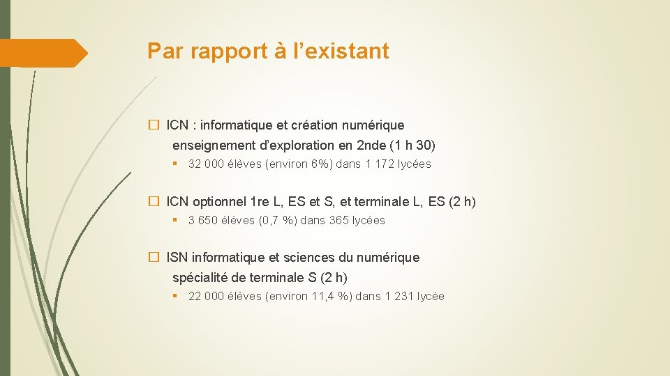 Par rapport à l’existant � ICN : informatique et création numérique enseignement d’exploration en