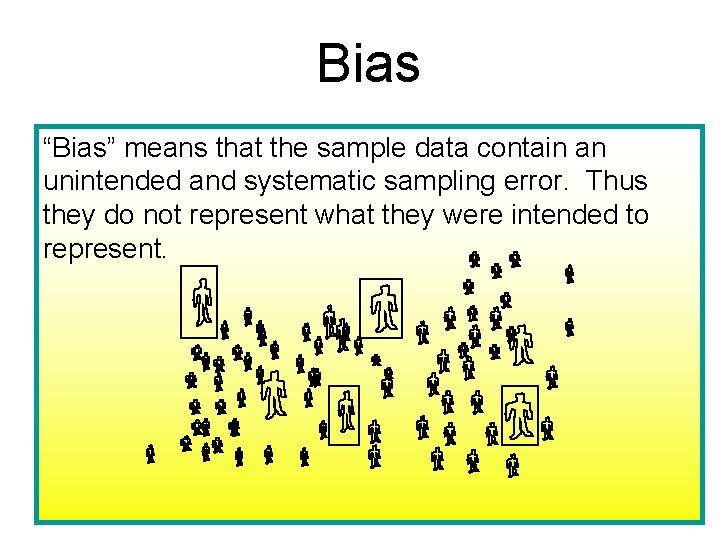 Bias “Bias” means that the sample data contain an unintended and systematic sampling error.