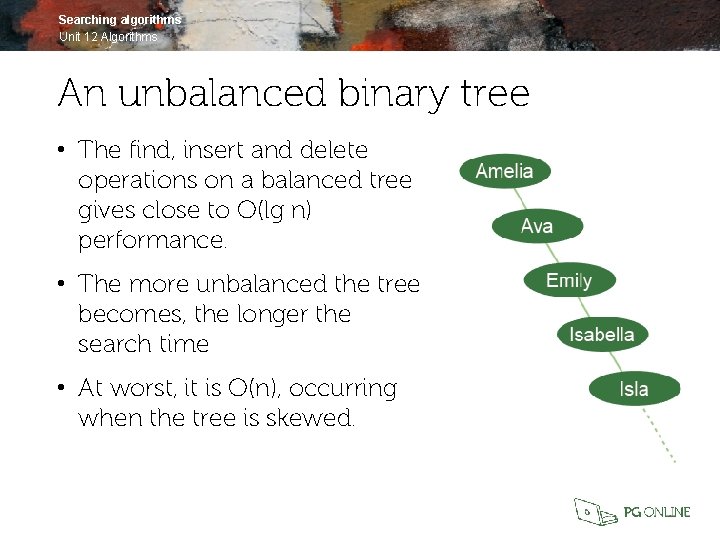 Searching algorithms Unit 12 Algorithms An unbalanced binary tree • The find, insert and