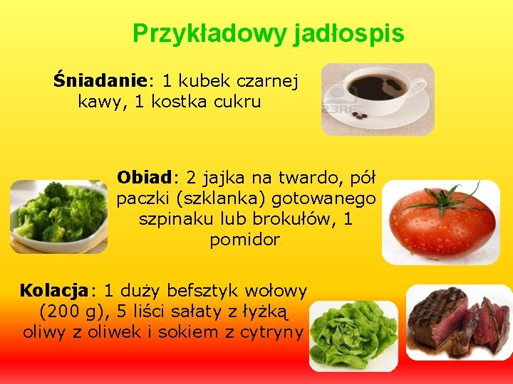 Przykładowy jadłospis Śniadanie: 1 kubek czarnej kawy, 1 kostka cukru Obiad: 2 jajka na