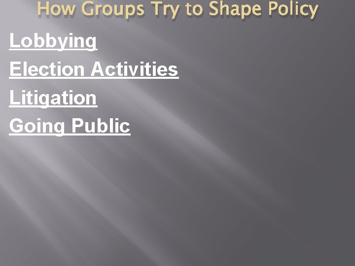 How Groups Try to Shape Policy Lobbying Election Activities Litigation Going Public 