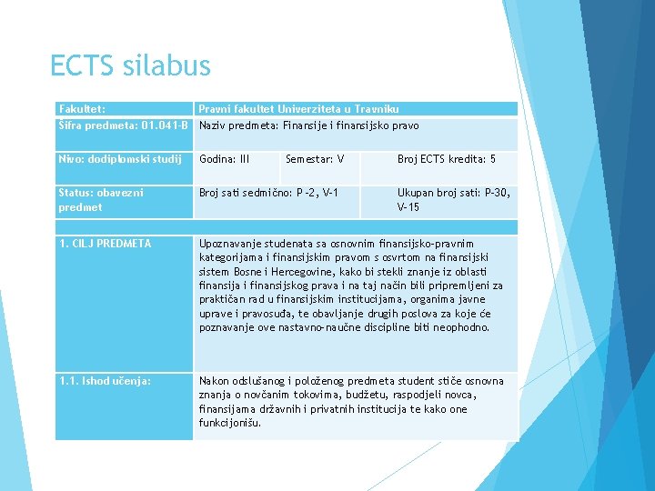 ECTS silabus Fakultet: Pravni fakultet Univerziteta u Travniku Šifra predmeta: 01. 041 -B Naziv