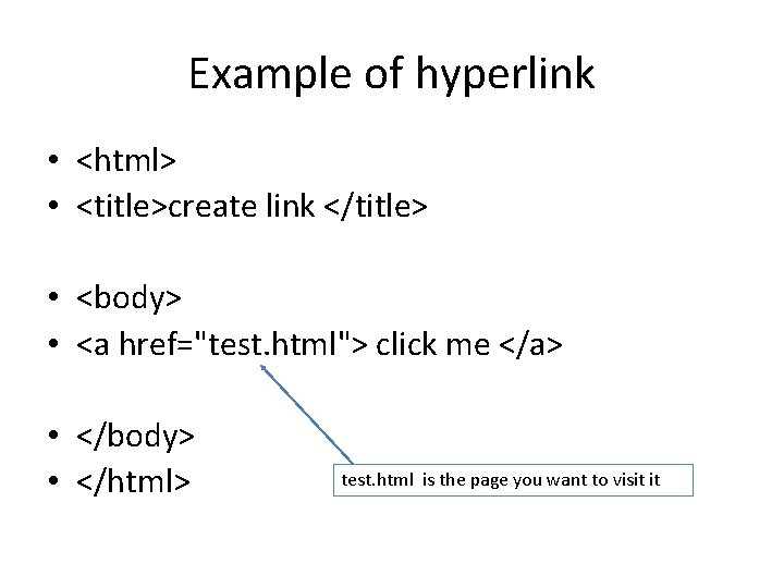 Example of hyperlink • <html> • <title>create link </title> • <body> • <a href="test.