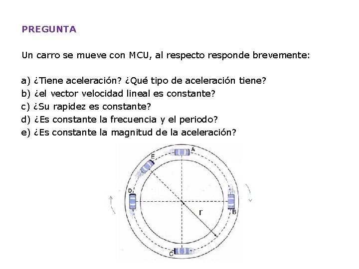 PREGUNTA Un carro se mueve con MCU, al respecto responde brevemente: a) ¿Tiene aceleración?