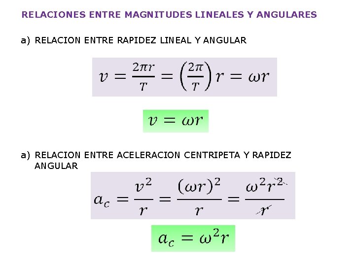 RELACIONES ENTRE MAGNITUDES LINEALES Y ANGULARES a) RELACION ENTRE RAPIDEZ LINEAL Y ANGULAR a)