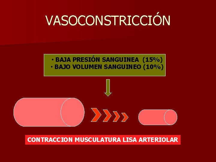 VASOCONSTRICCIÓN • BAJA PRESIÓN SANGUINEA (15%) • BAJO VOLUMEN SANGUINEO (10%) CONTRACCION MUSCULATURA LISA