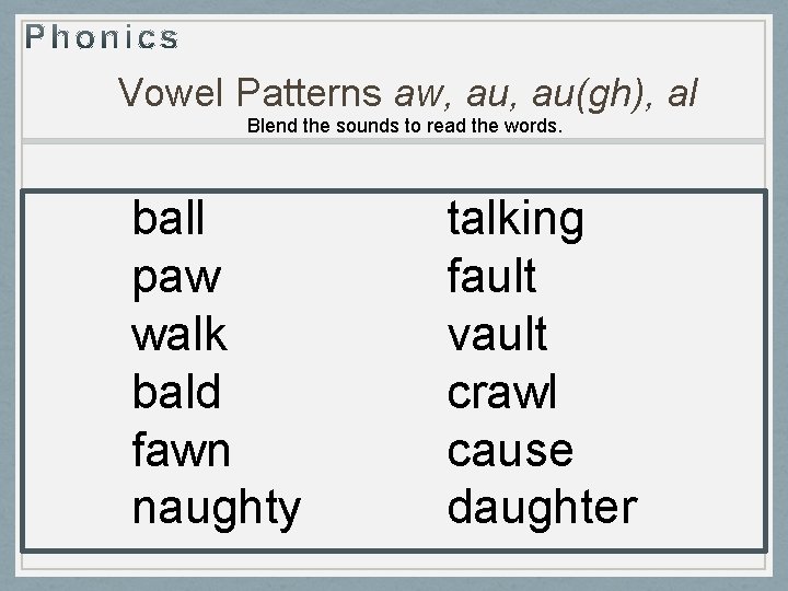 Vowel Patterns aw, au(gh), al Blend the sounds to read the words. ball paw