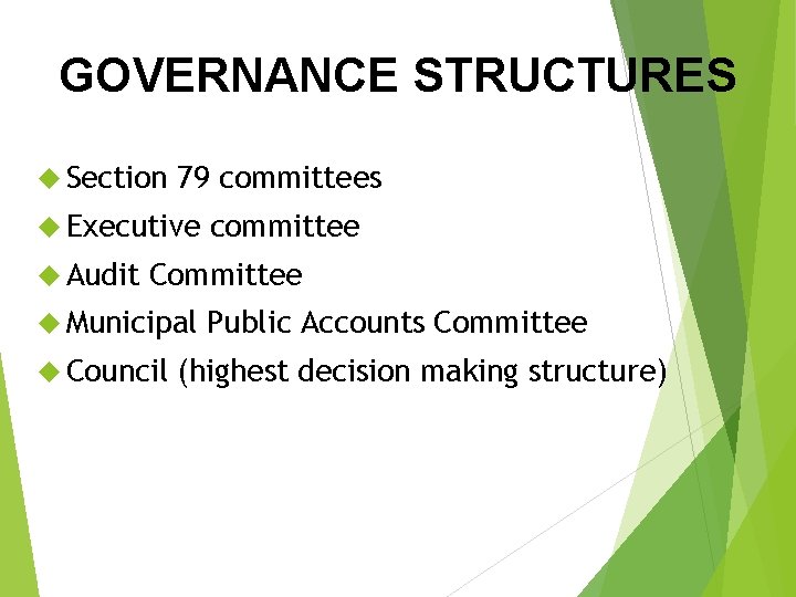 GOVERNANCE STRUCTURES Section 79 committees Executive Audit committee Committee Municipal Council Public Accounts Committee