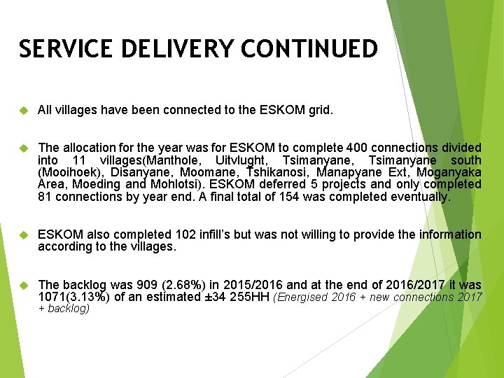 SERVICE DELIVERY CONTINUED All villages have been connected to the ESKOM grid. The allocation