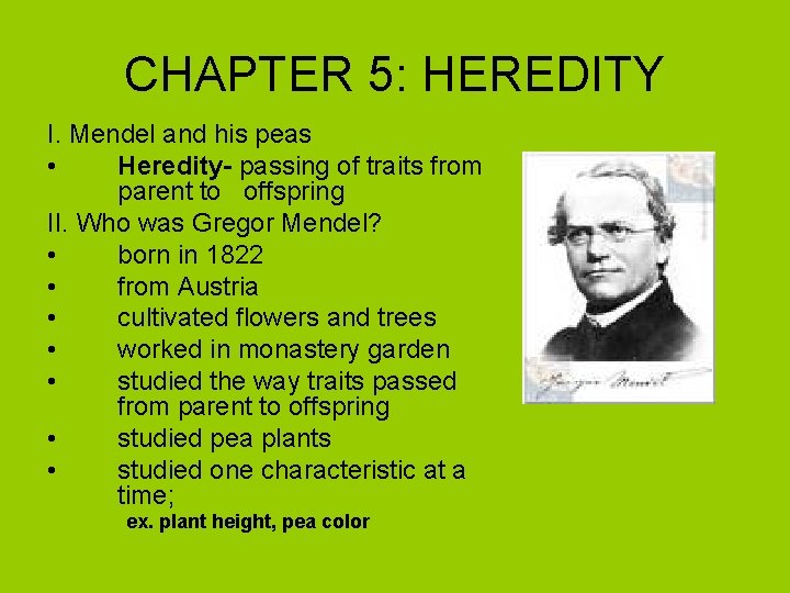 CHAPTER 5: HEREDITY I. Mendel and his peas • Heredity- passing of traits from