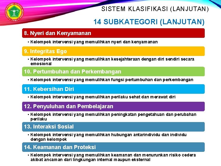 SISTEM KLASIFIKASI (LANJUTAN) 14 SUBKATEGORI (LANJUTAN) 8. Nyeri dan Kenyamanan • Kelompok intervensi yang