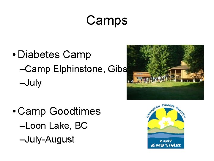 Camps • Diabetes Camp –Camp Elphinstone, Gibsons, BC –July • Camp Goodtimes –Loon Lake,