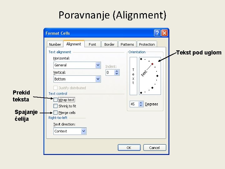 Poravnanje (Alignment) Tekst pod uglom Prekid teksta Spajanje ćelija 